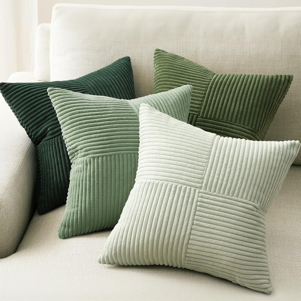 Topfinel Sagegreen Throw Pillow Covers 18X18 Inch Set Of 4,Boho Farmhouse Cozy Cushion Cover With Corduroy,Soft Accent Forest Green Pillow Covers For Couch,Bed,Living Room Home Decor