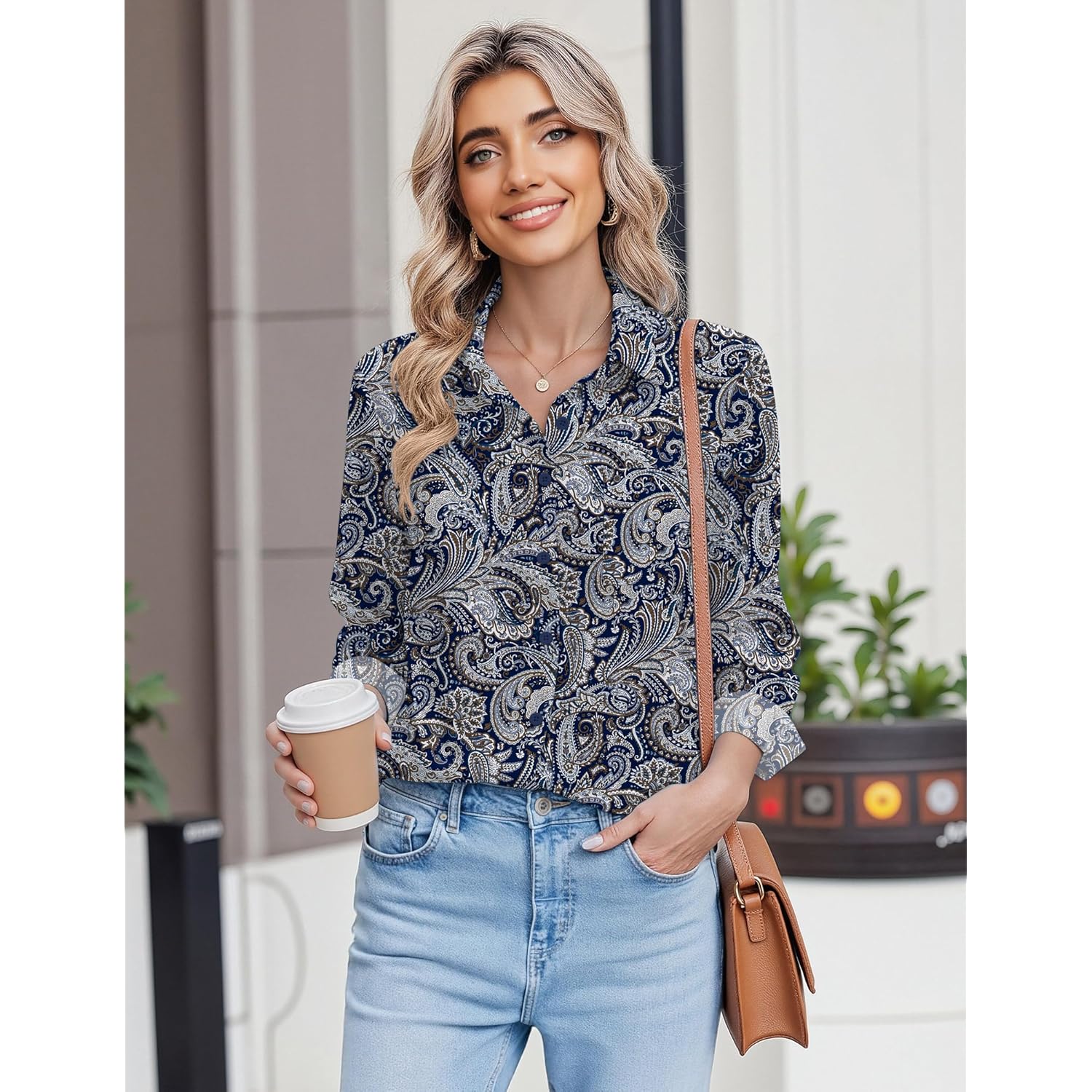 Button Down Shirts for Women Long Sleeve Blouse Dressy Casual Business Work Tops with Pocket