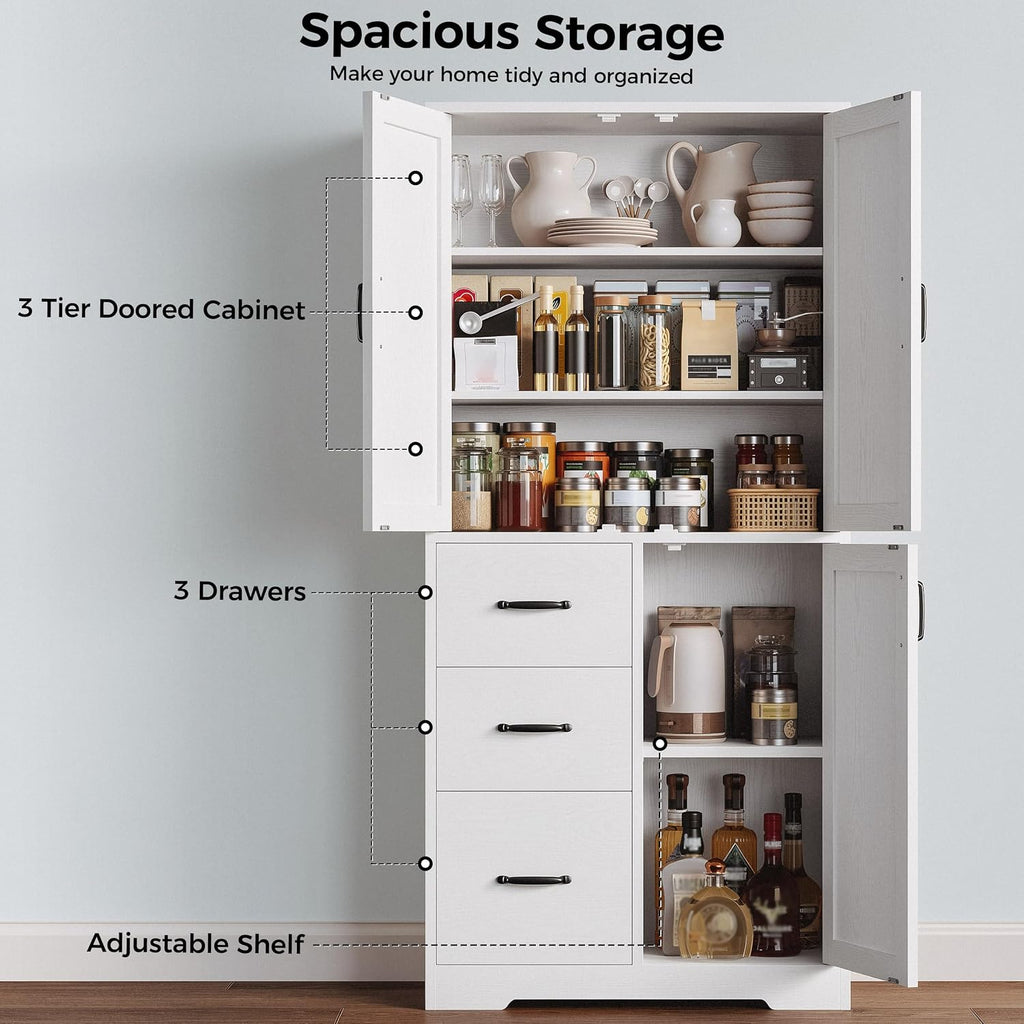 Ironck Pantry Cabinet, 67.5 Inch Tall Storage Cabinet With 3 Doors & Drawers, Farmhouse Kitchen Cabinet With Adjustable Shelves, 5 Tier Freestanding Cupboard For Kitchen, White