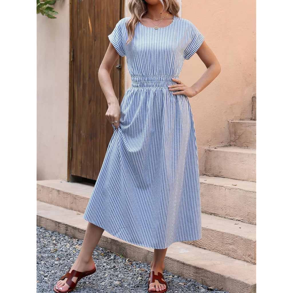 Anrabess Womens Summer Midi Dress Striped Casual Short Sleeve Crewneck Elastic Waist 2026 Flowy Long Beach Dress With Pockets