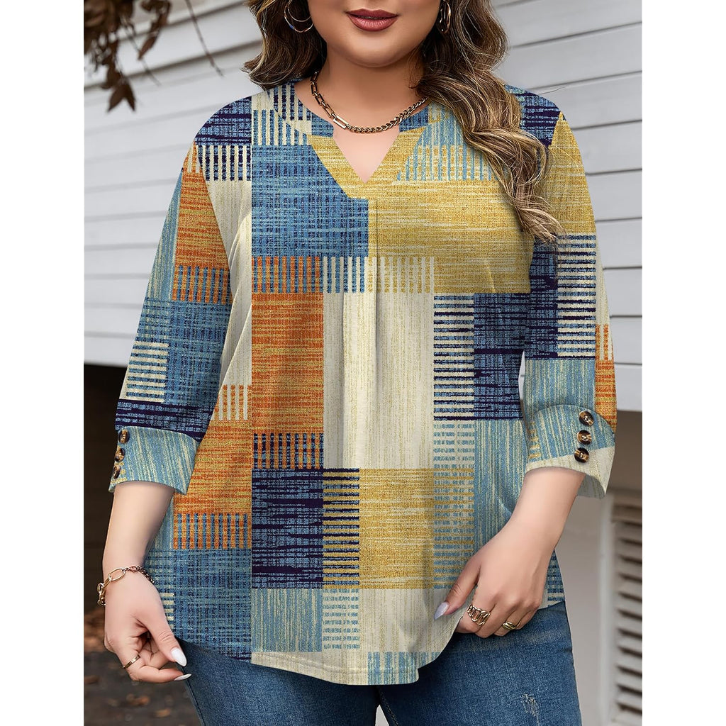 TFSDOD Womens Plus Size Tops 3/4 Length Sleeve Womens Tops V Neck Blouses Pleated Tunic Plus Size Fashion (1X-5X)