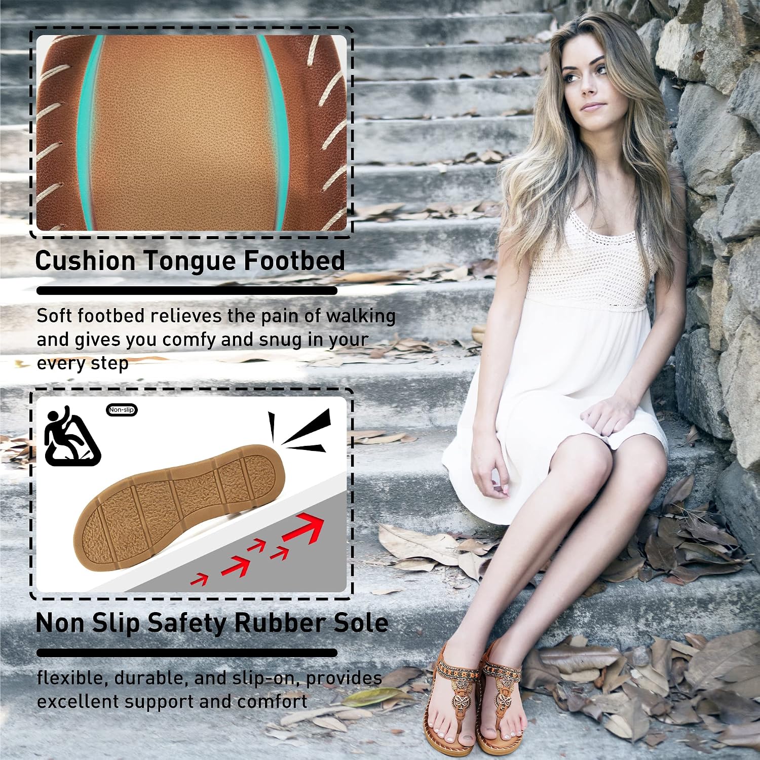 Aomigoct Sandals Women Flat Shoes: Dressy Summer Bohemian Flats Shoes For Women Sandals Comfortable Ankle Strap Outdoor Walking