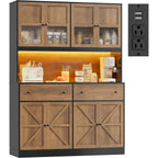 71" Pantry Cabinet With Led Light And Charging Station, Farmhouse Kitchen Pantry Cabinet With Microwave Stand, 47.2" Wide Kitchen Hutch Food Pantry With Open Countertop, Black/Brown