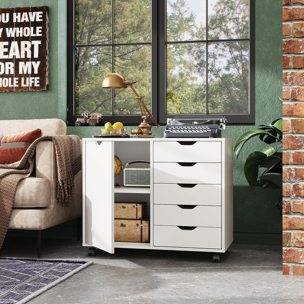 Devaise 5-Drawer Wood Drawer Cabinet, Office Storage Cabinet With Adjustable Shelf & Wheels, Printer Stand For Home Office, White