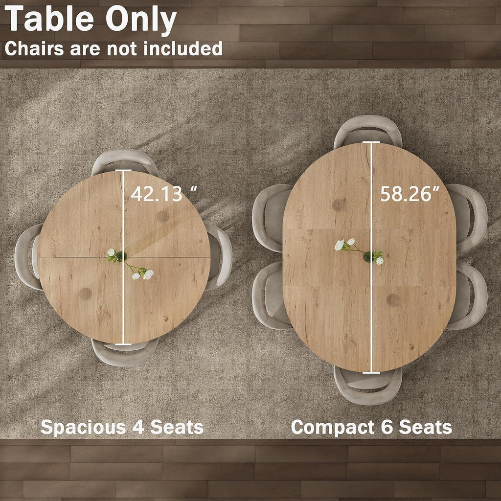 42"-58" Extendable Round Dining Table For 4-6, Kitchen Oval Table With Built-In Flip Leaf & Storage Shelf, Space Saving Modern Design With Sturdy Metal Legs For Kitchen, Living Room & Small Apartments