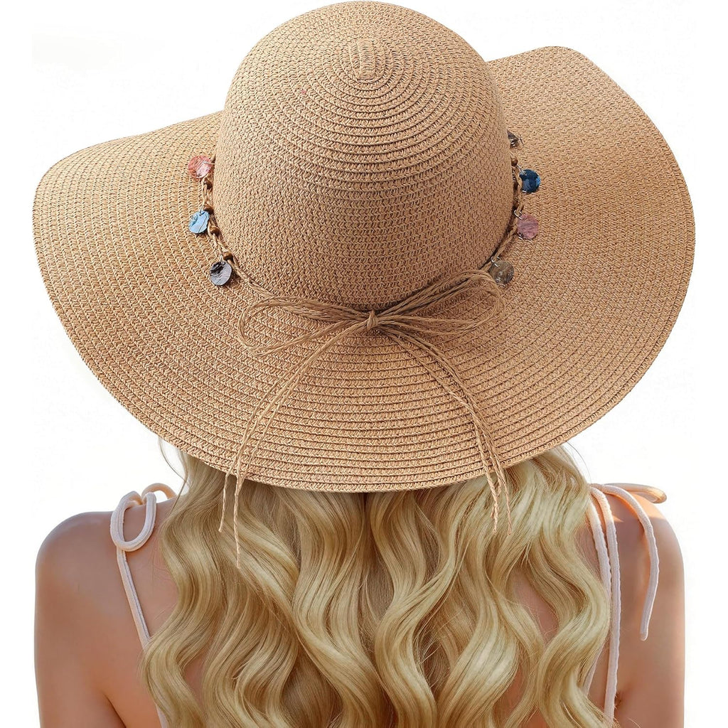 Trifabricy Beach Sun Straw Hats for Women, Wide Brim Womens Sun Hat UPF UV Protection, Foldable Packable Summer Hats Roll Up