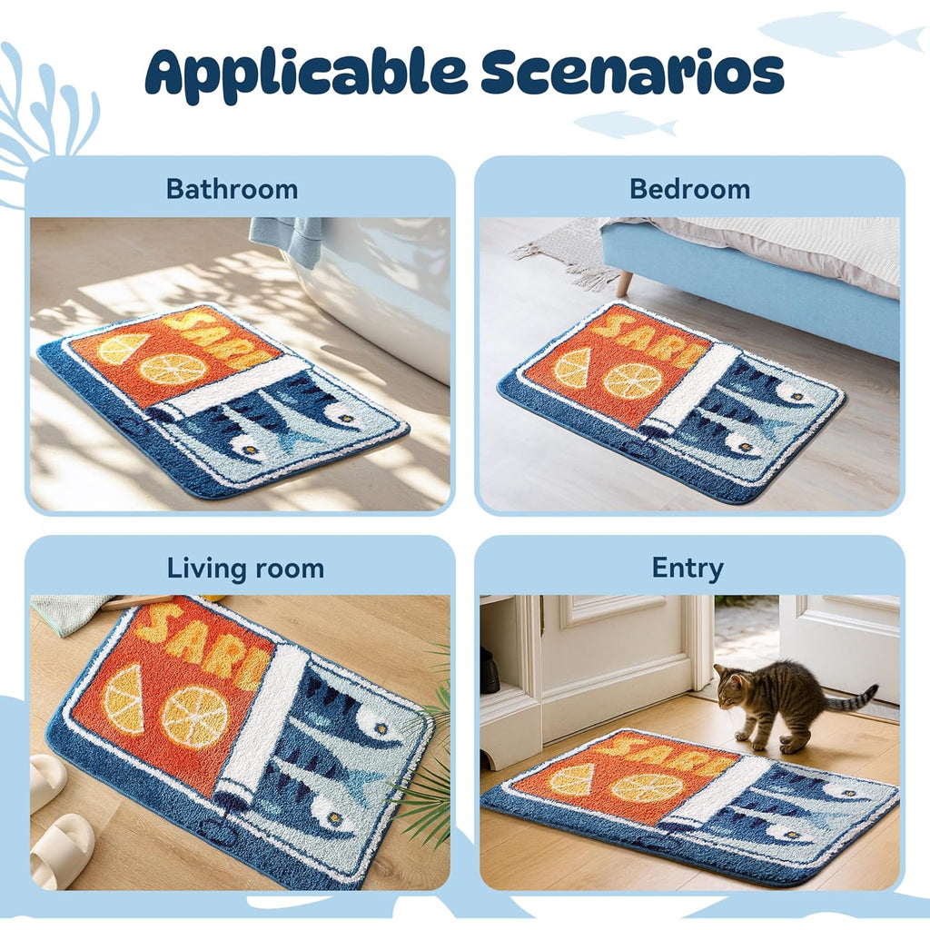 TRUEDAYS Sardine Can Bath Mat, Blue Bathroom Rugs for Bedroom, Soft Washable Rug Non Slip Cute Kitchen Bath Mats for Bathroom Funny Cartoon Fish and Lemon