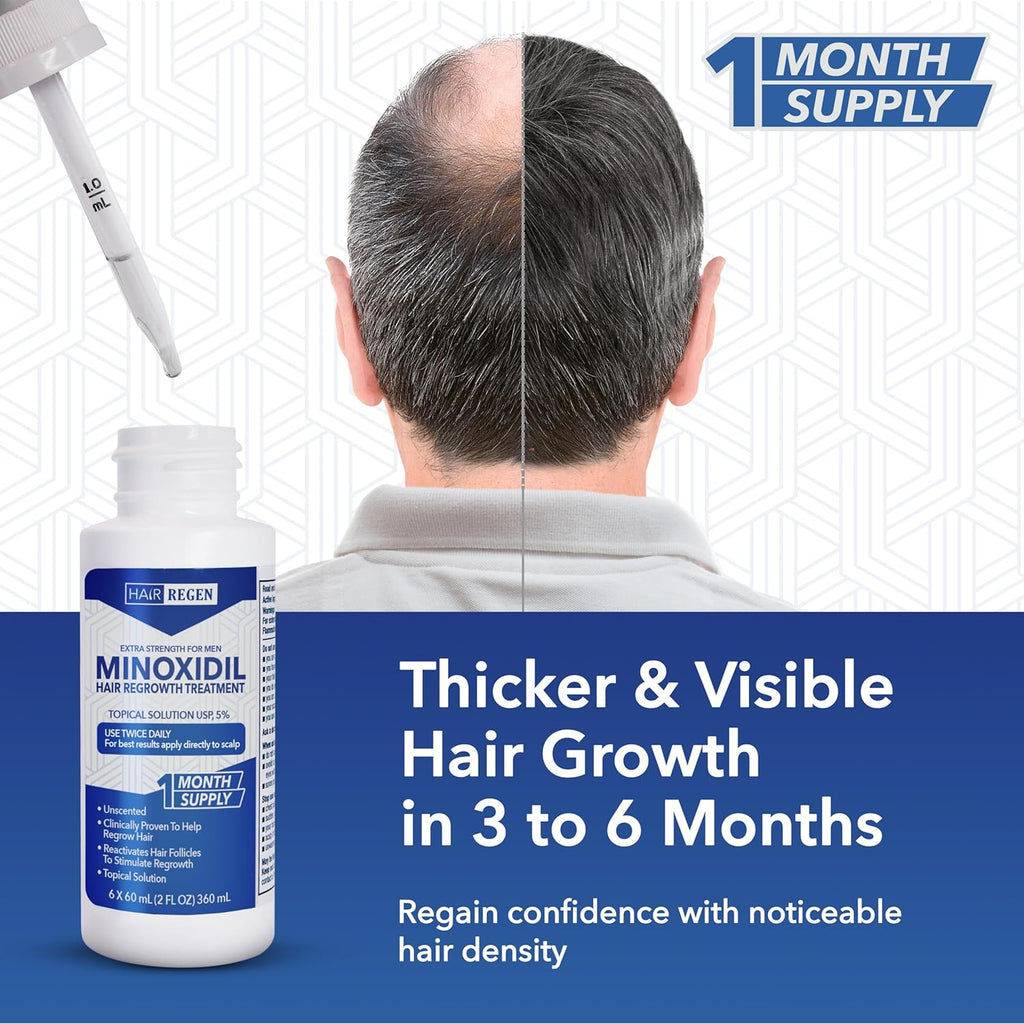 Hair Regen Liquid Minoxidil for Men 5% – Advanced Topical Solution for Regrowth – Growth Treatment for Men Hair Loss 6-Pack as 6-Month Supply Kit