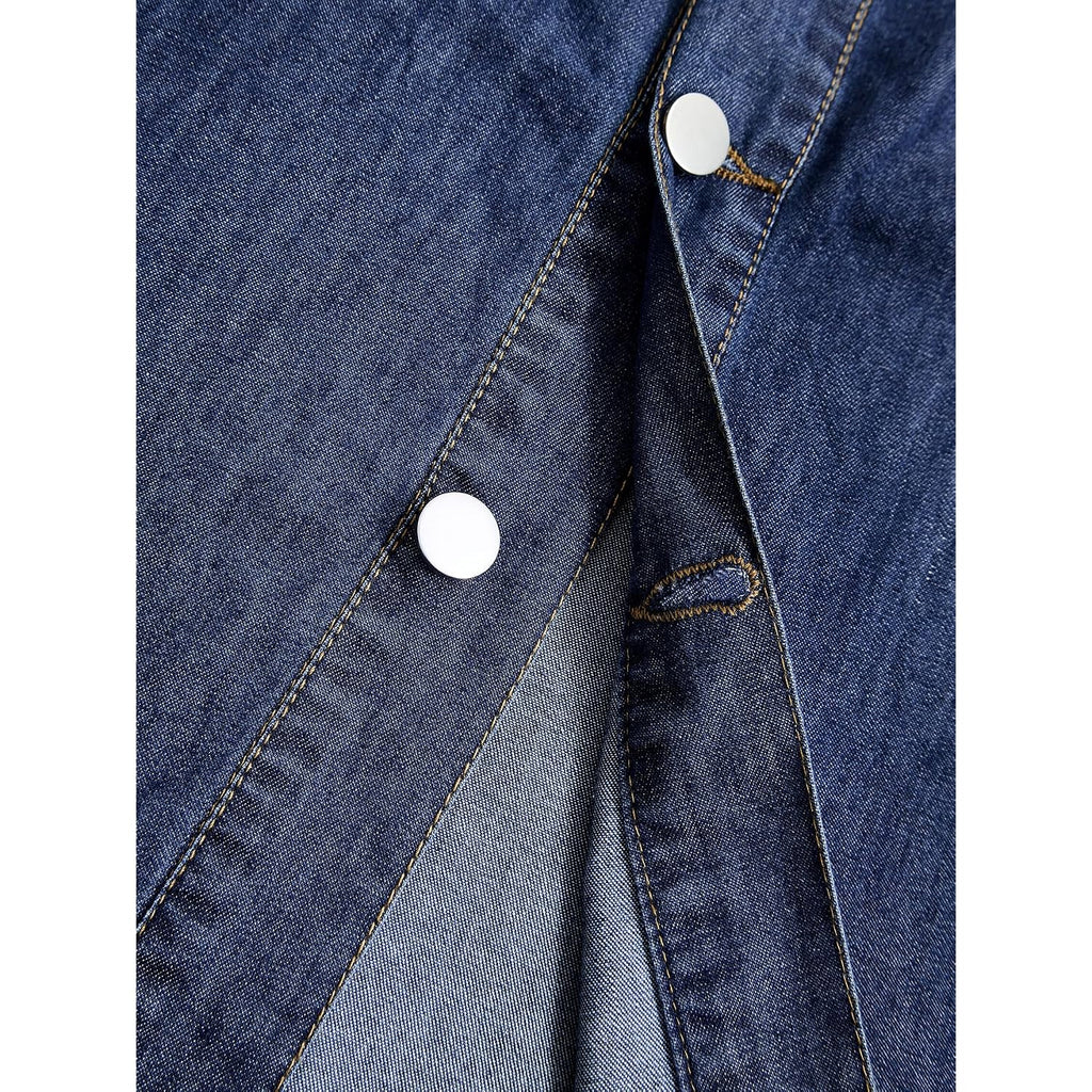 Women Denim Shirt Dress V Neck Short Sleeve Long Bottom Down A-Line Jeans Dresses With Pockets