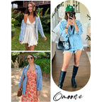 Women'S Oversized Mid Long Denim Jacket Jean Biker Coat