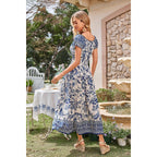 Ostoo Women'S Floral Maxi Dress Boho Summer Short Sleeve Smocked Waist Tiered Long Dress