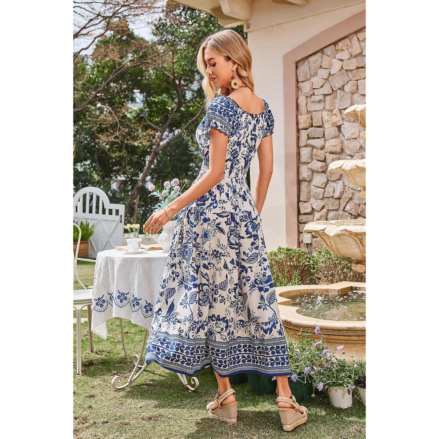 Ostoo Women'S Floral Maxi Dress Boho Summer Short Sleeve Smocked Waist Tiered Long Dress