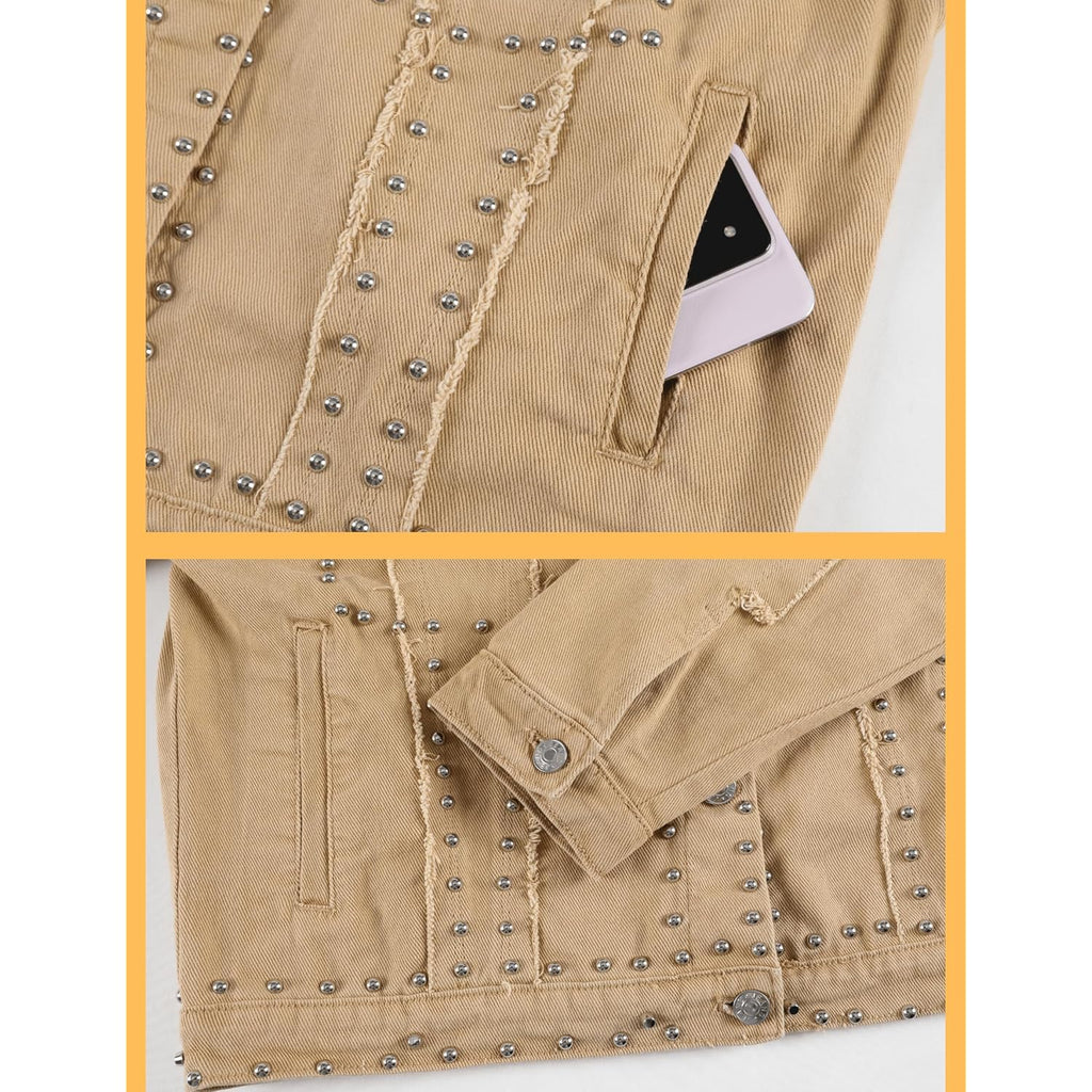 Women'S Long Sleeve Rivet Studded Denim Jacket Casual Washed Short Jean Coat Western Outfits