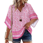 Zeagoo Womens Tops 3/4 Sleeve V Neck Bohemian Blouses Casual Loose Fit Tunic Boho Shirts Floral Printed Clothes