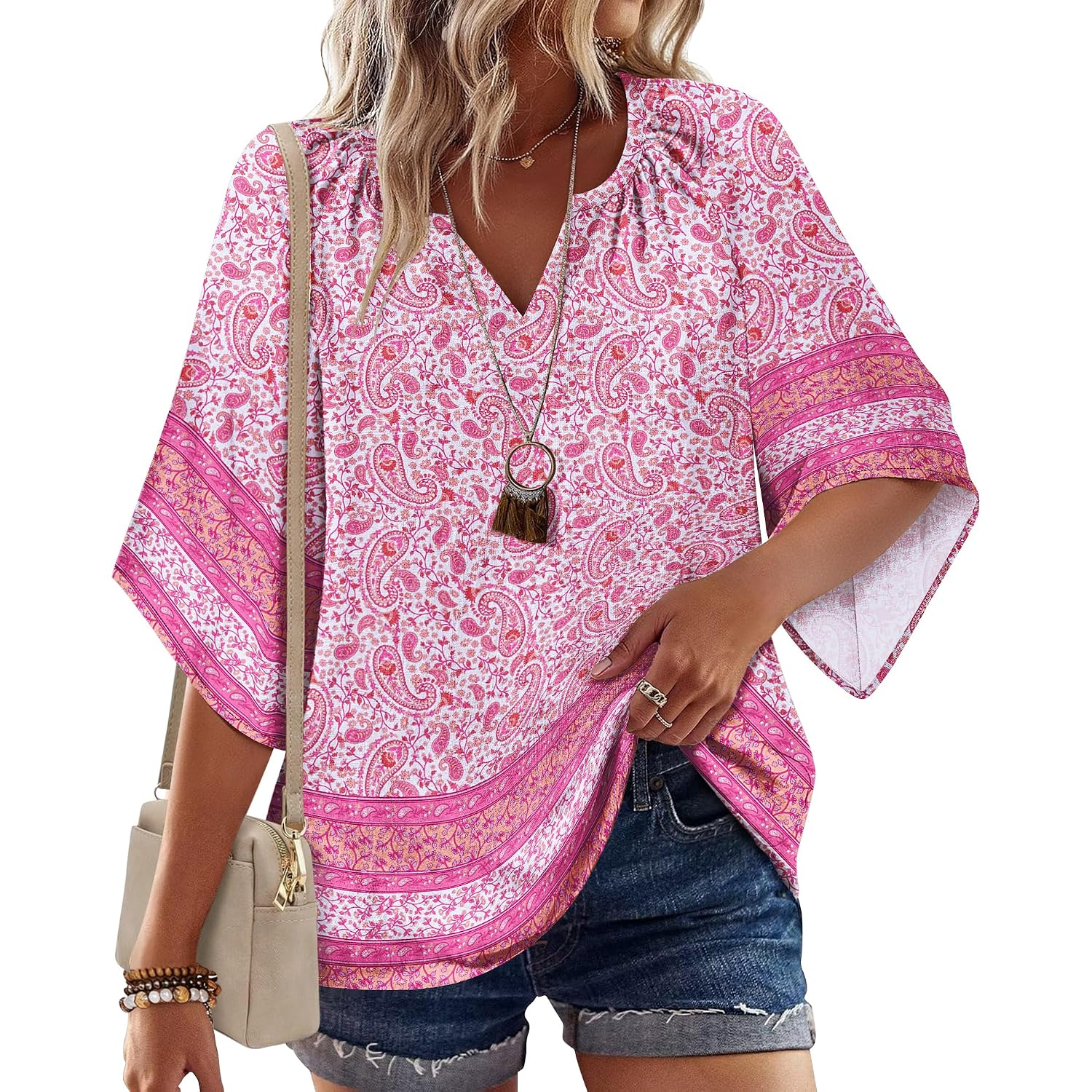 Zeagoo Womens Tops 3/4 Sleeve V Neck Bohemian Blouses Casual Loose Fit Tunic Boho Shirts Floral Printed Clothes