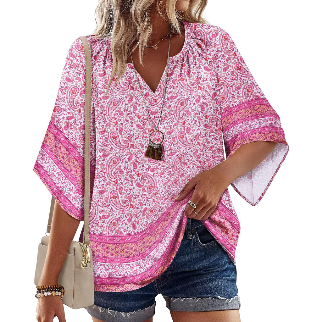 Zeagoo Womens Tops 3/4 Sleeve V Neck Bohemian Blouses Casual Loose Fit Tunic Boho Shirts Floral Printed Clothes