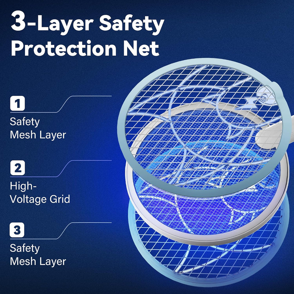 Nymrix Electric Fly Swatter Racket, 2 In 1 Mosquito Bug Zapper 4100V Max Handheld Mosquito Killer With 1800 Mah Rechargeable Battery, Purple Light And 3-Layer Safety Mesh For Indoor Outdoor Blue