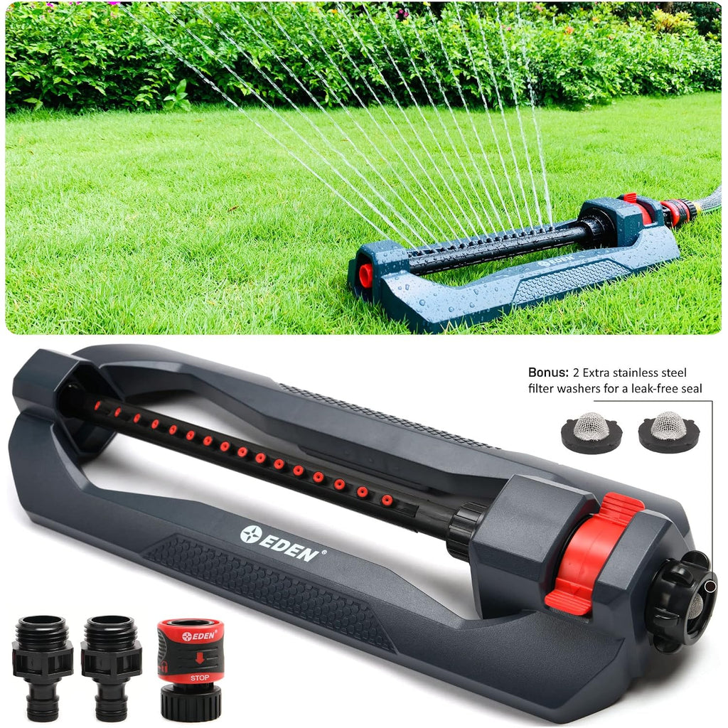 Eden 96213Edamz Weighted Essential Oscillating Sprinkler | Covers Up To 3,600 Sq. Ft., 16 Precision Nozzles, Adjustable Range, Turbo Drive Motor, Quick Connect Bundle, Stainless Steel Filters, Black