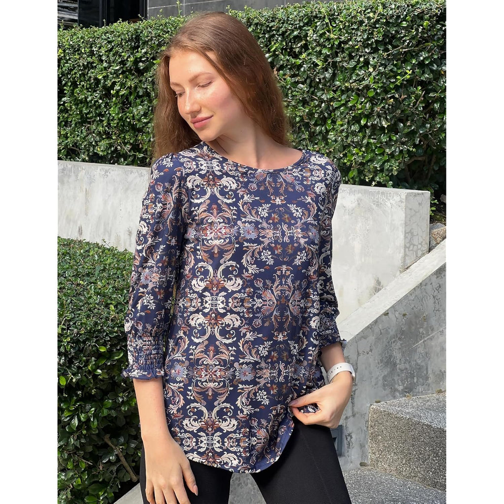 3/4 Length Sleeve Blouse Pleated Tops Tunics for Women Dressy Shirt Business Casual