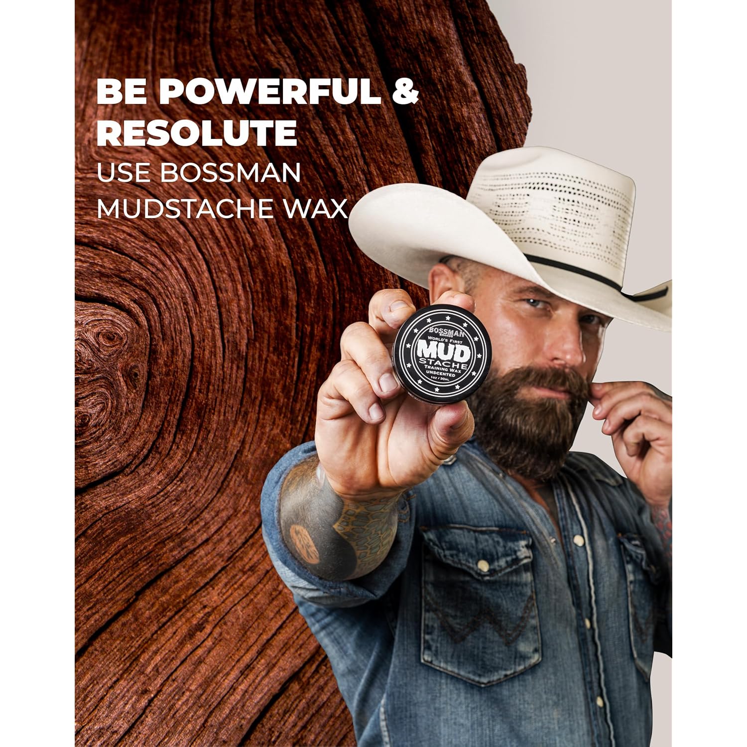 Bossman MUDstache Unscented Mustache Wax for Men (1 oz) – Strong 24-Hour Hold, Non-Tacky & Easy to Apply for Taming & Styling