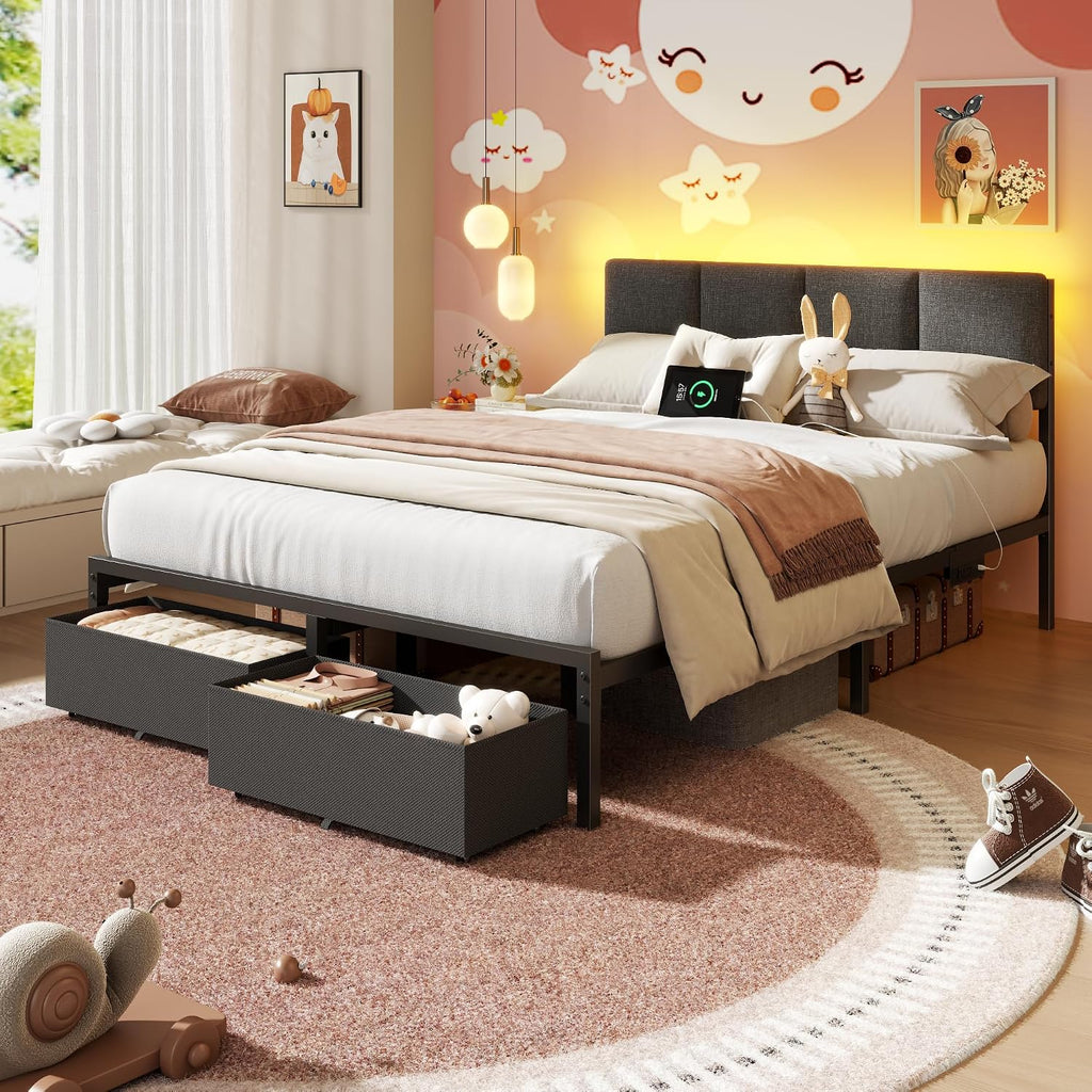 Full Size Bed Frame With Headboard, Upholstered Full Bed Frame With Led Light, Usb Charging Station, Platform Bedframe With 2 Fabric Underbed Storage Drawers, No Spring Box Needed