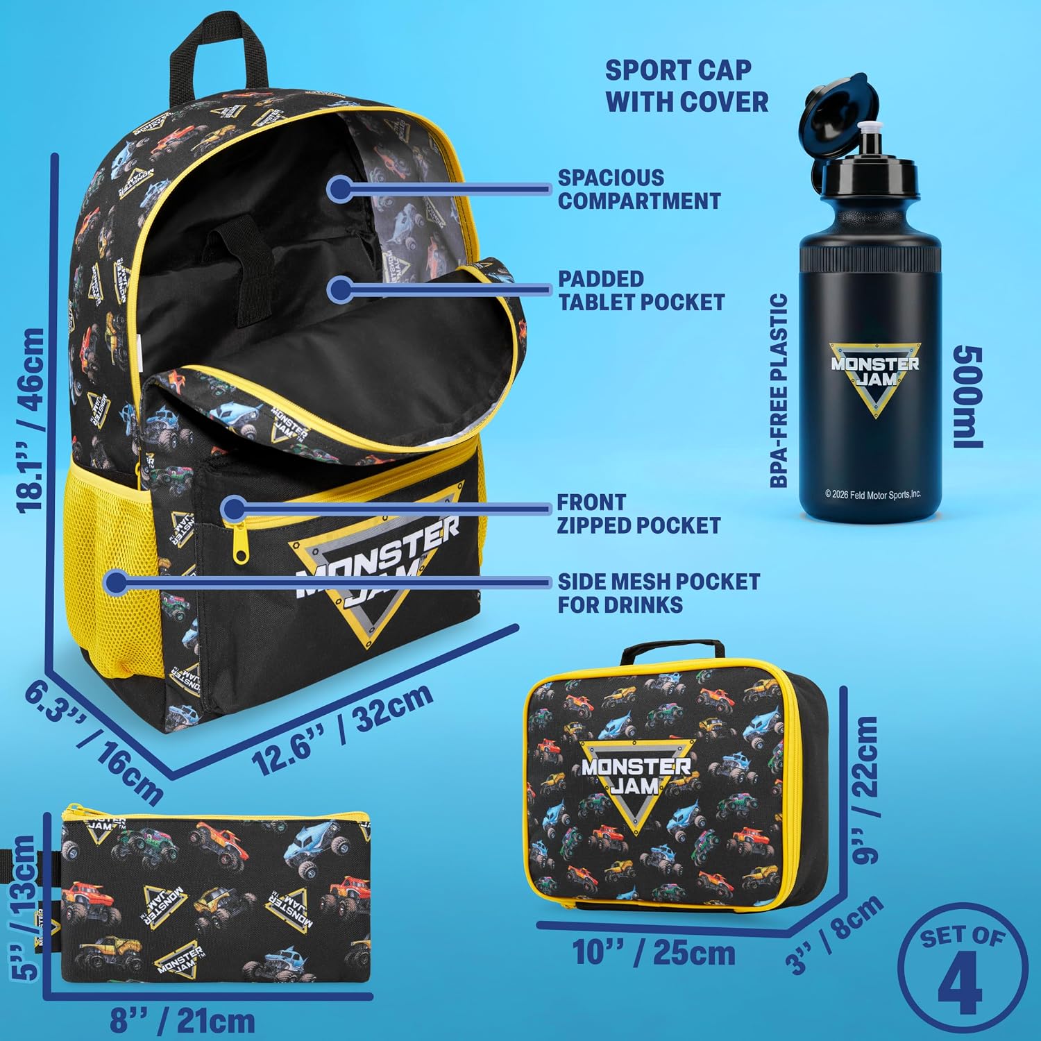 Get Trend Monster Jam Boys Backpack 4 Piece Set | 18 Inch Bookbag With Insulated Lunch Bag, Zipped Pencil Case & Bpa-Free Water Bottle, Back To School Gifts For Kids
