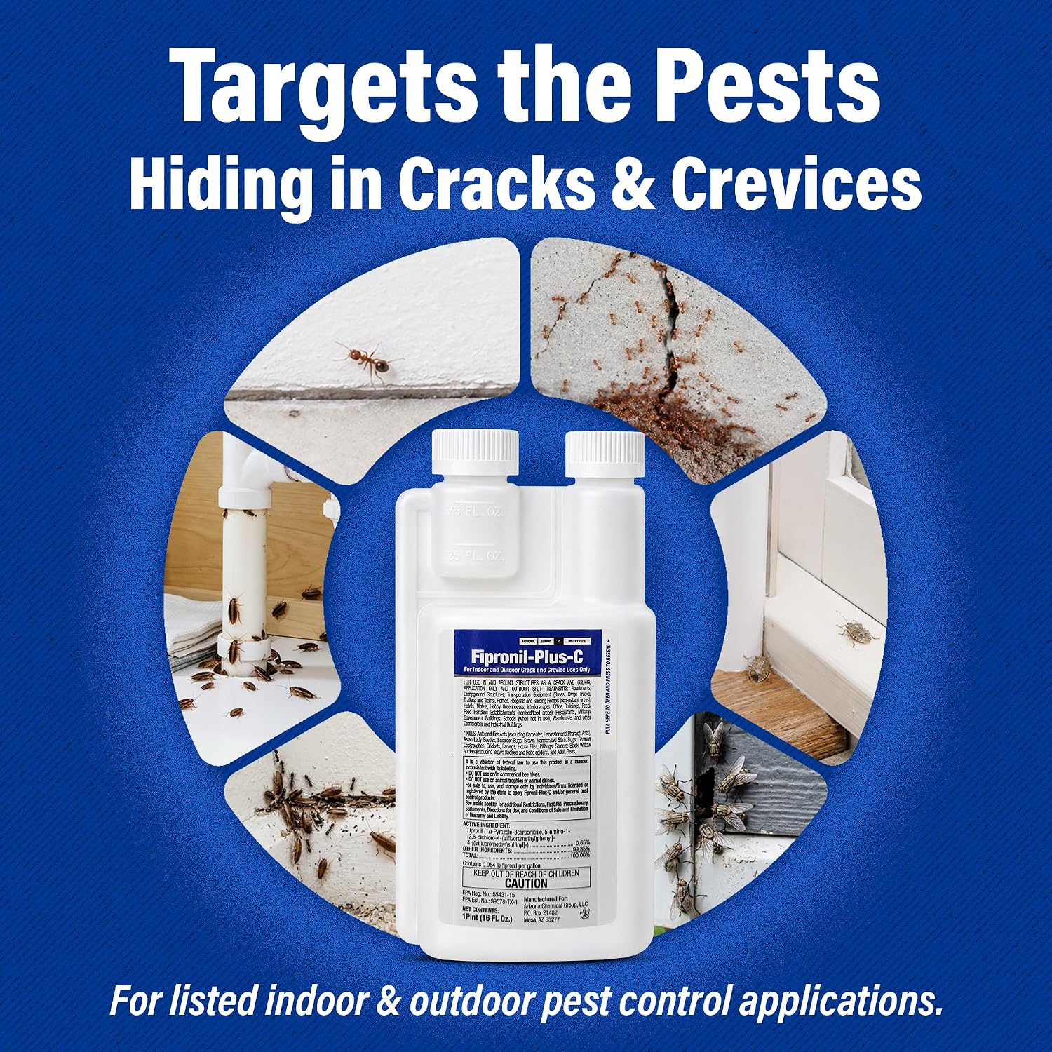Fipronil Plus-C Insecticide Concentrate — Kills Roaches, Ants, Fire Ants, Stink Bugs, Spiders & More — Non-Repellent Colony Killer — Makes 21 Gallons — 16 Oz