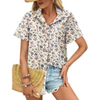 Cotton Linen Button Down Shirt for Women V Neck Collared Blouse Casual Short Sleeve Tops with Pocket