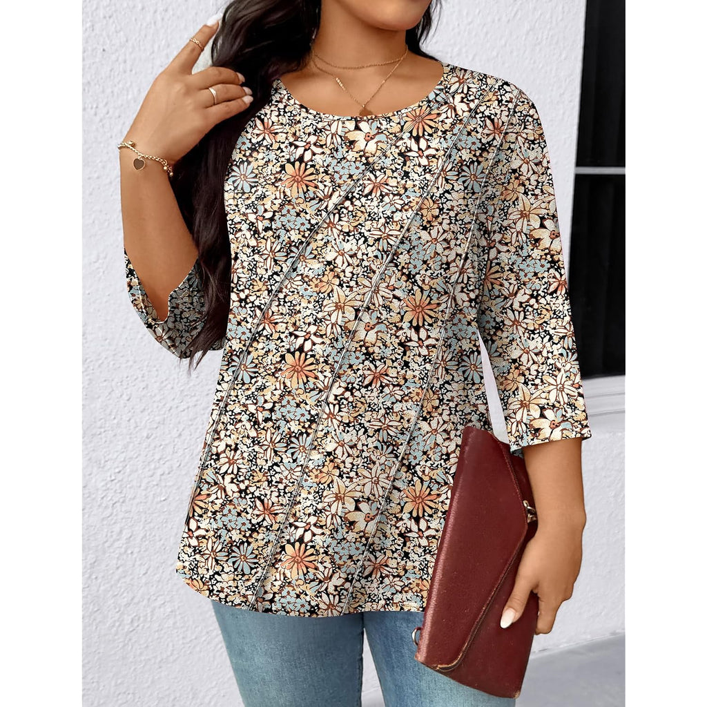 Lomon Womens Plus Size Tops 3/4 Length Sleeve Womens Tops Pleated Crewneck Fall Shirts Summer Blouses 2026 (1X-5X)
