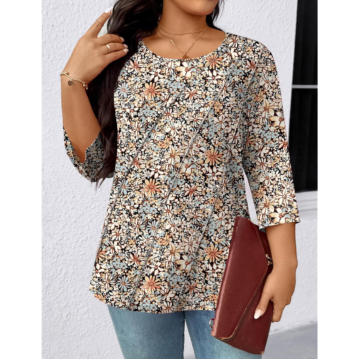 Lomon Womens Plus Size Tops 3/4 Length Sleeve Womens Tops Pleated Crewneck Fall Shirts Summer Blouses 2026 (1X-5X)