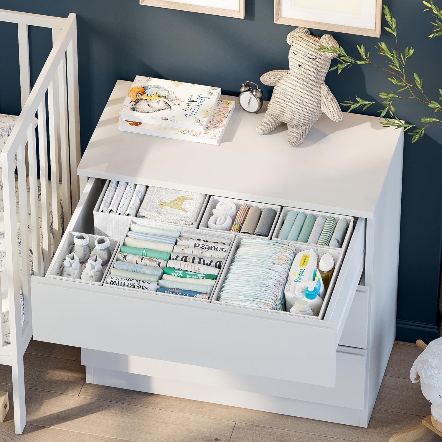 Drawer Organizer Clothes Set Of 12 White-Grey - Dresser Organizer For Nursery, Bedroom, Closet - Perfect Baby Clothes Organizer And Storage & General Nursery Organization Or Dresser Drawer Organizers