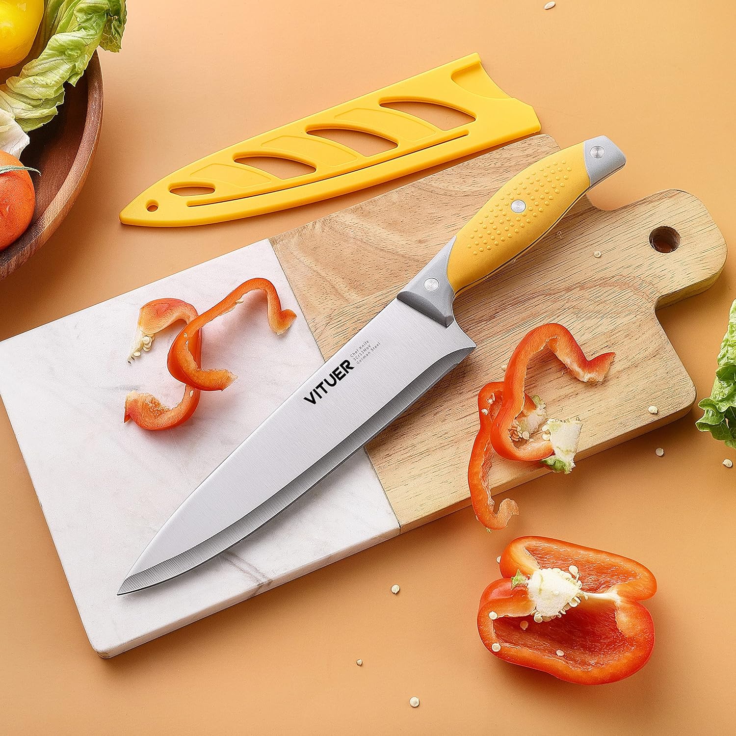 Vituer Chef Knife, 3Pcs Kitchen Knife, Multicolor Stainless Steel Sharp Chef Knife Set (3Pack, Yellow, Red, Green)