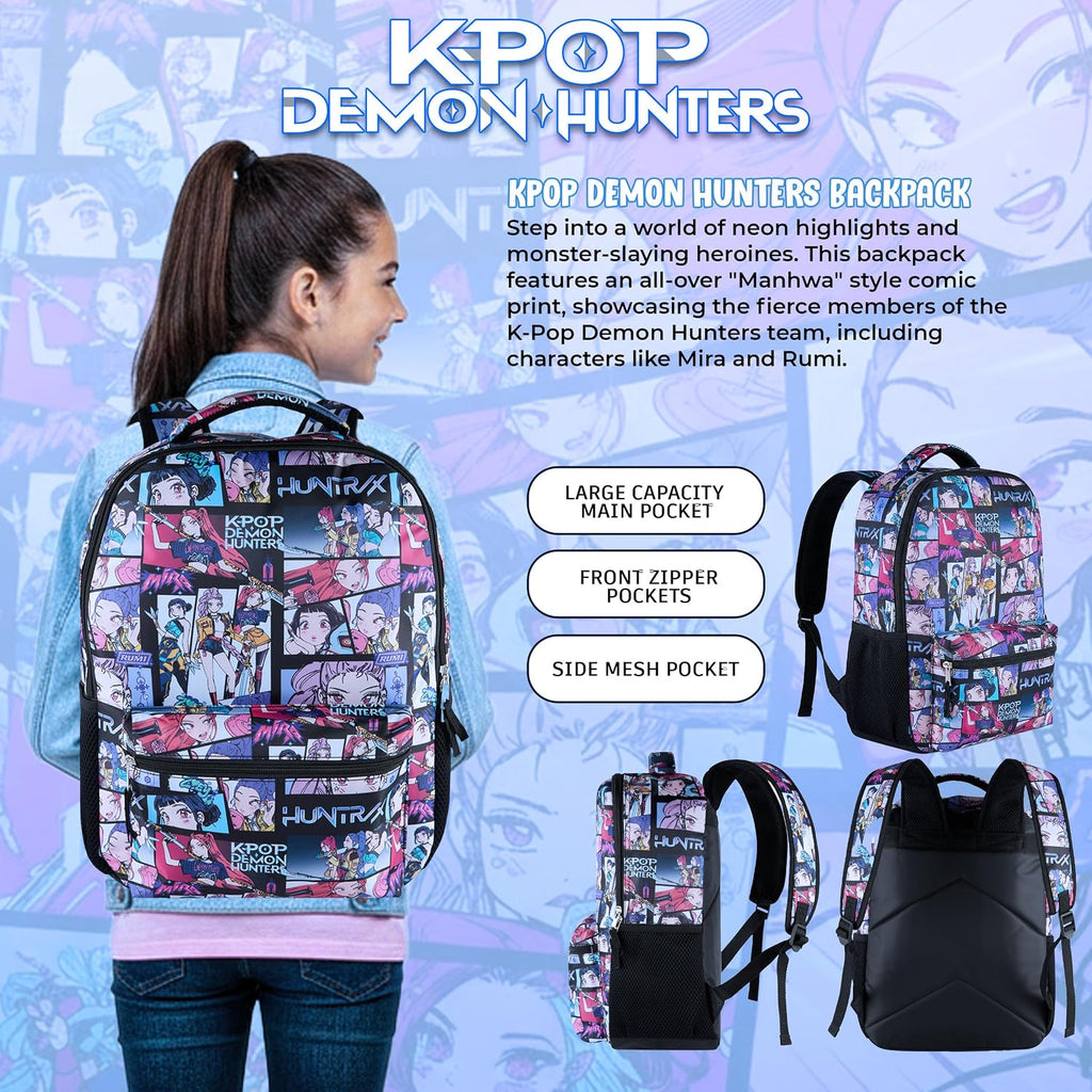 Ai Accessory Innovations K-Pop Demon Hunters Huntrix 16” Backpack For Girls, Featuring An Aop Of Rumi, Zoey, Mira, Allover Print