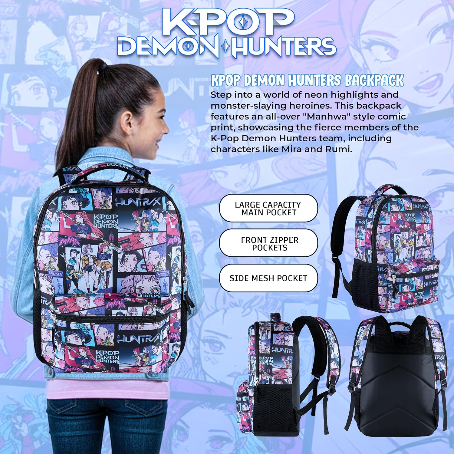 Ai Accessory Innovations K-Pop Demon Hunters Huntrix 16” Backpack For Girls, Featuring An Aop Of Rumi, Zoey, Mira, Allover Print