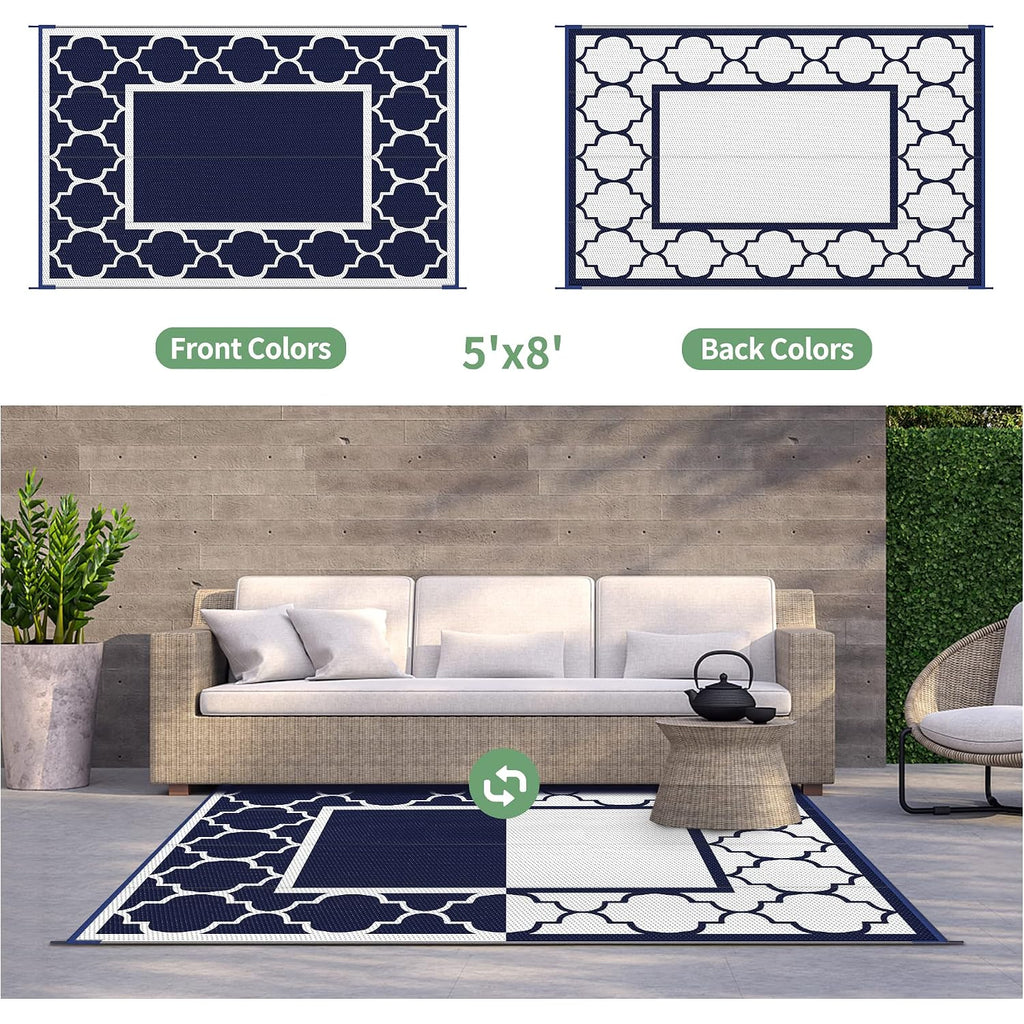 Genimo Outdoor Rug, Waterproof Plastic Rugs For Patio, 5'X8' Blue White | Outside Larger Modern Carpet Mat For Porch Decor, Deck, Balcony, Camping, Rv, Backyard, Picnic, Beach, Reversible, Foldable