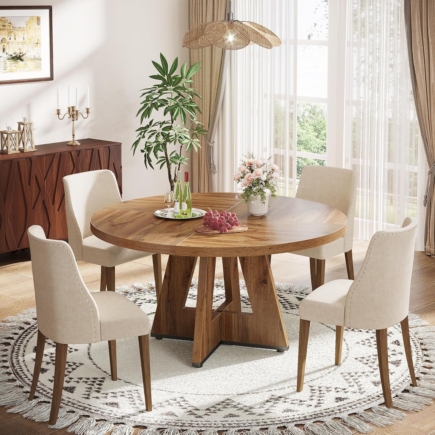 Tribesigns Farmhouse Dining Table, 47 Inch Round Dinner Table For 4, Rustic Round Dining Room Table For Home Dining Room Living Room (Wood)