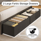 Queen Bed Frame With 2 Drawers, Upholstered Headboard With Storage And Charging Station, Led Lights, Fabric Drawers With Wheels, Under Bed Storage, No Box Spring Needed, Easy Assembly, Grey