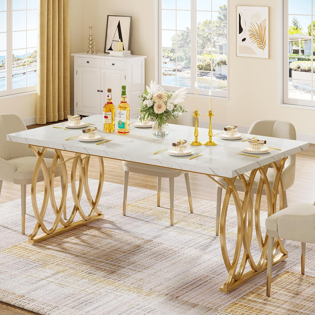 Tribesigns 63" Dining Table For 4 To 6, White And Gold Kitchen Table | Modern Large Rectangular Dinner Table Kitchen & Dining Room Furniture With Faux Marble Tabletop And Geometric Legs