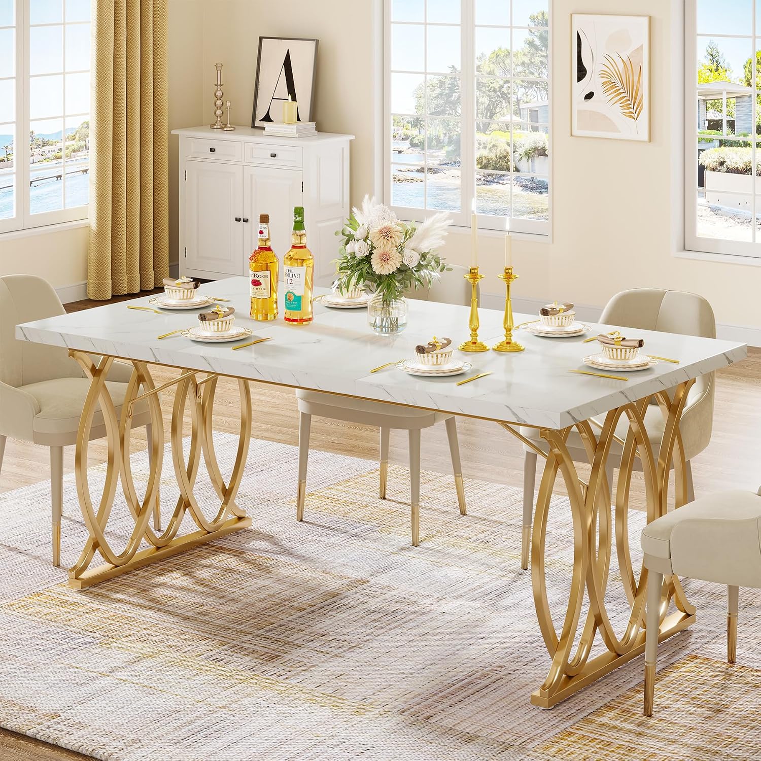 Tribesigns 63" Dining Table For 4 To 6, White And Gold Kitchen Table | Modern Large Rectangular Dinner Table Kitchen & Dining Room Furniture With Faux Marble Tabletop And Geometric Legs