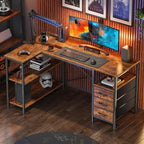 Huuger L Shaped Office Desk With Power Outlets, 47 Inch Computer Desk With 3 Drawers, Shelves, For Gaming, Corner Work, Home Office, Study, Rustic Brown