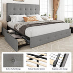 Allewie Upholstered Queen Size Platform Bed Frame With 4 Storage Drawers And Headboard, Square Stitched Button Tufted, Mattress Foundation With Wooden Slats Support, No Box Spring Needed, Light Grey