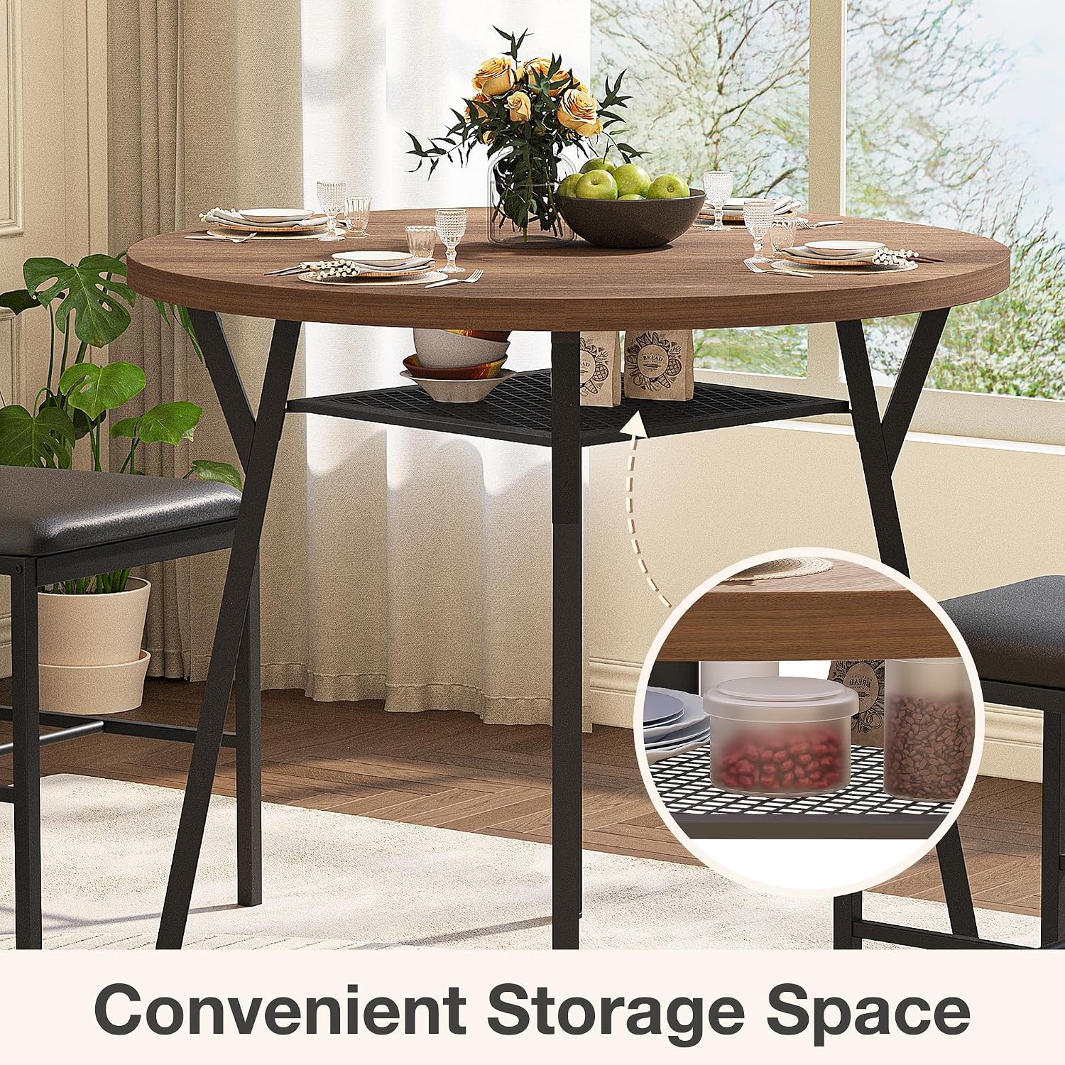 Pamapic Round Dining Table Set For 4, Kitchen Table And Chairs For 4, Dining Room Circle Dinner Pedestal Table, Solid Metal Frame,Space Saving Wood Small Kitchen & Dining Room Furniture,Walnut