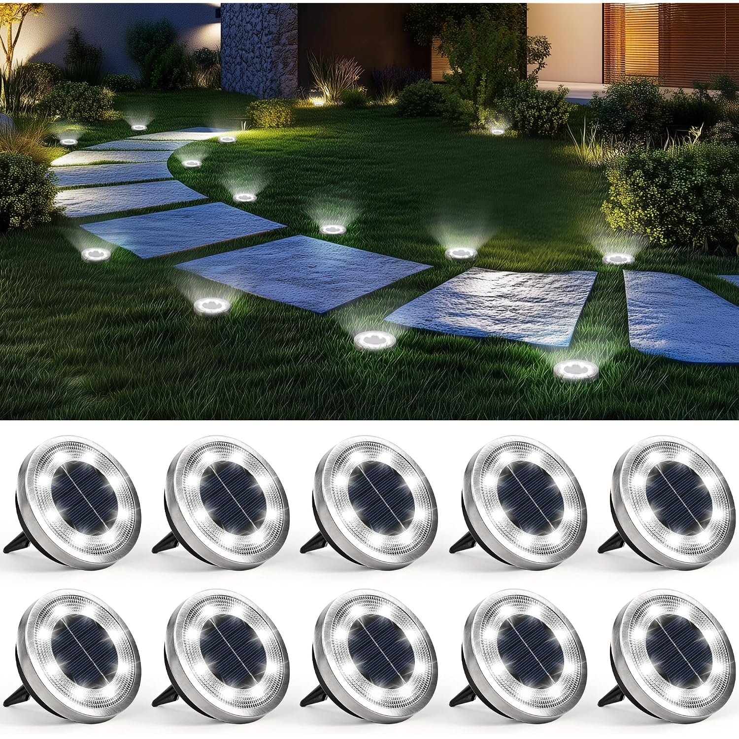 Solpex 10 Pack Solar Ground Lights Outdoor Waterproof, Solar Powered Pathway Lights, Landscape Lighting For Garden Walkway Driveway Backyard Decor (Cool White)
