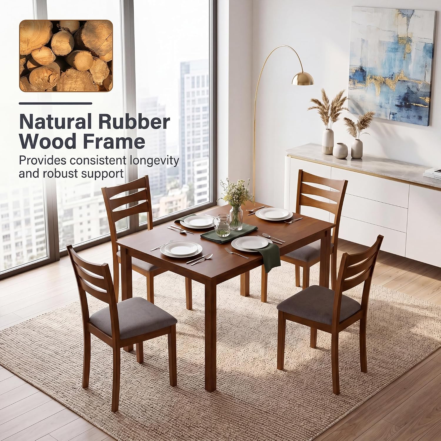Costway 5-Piece Dining Table Set For 4, Kitchen Table W/Upholstered Chairs | Rectangular Table, Rubber Wood Frame, Farmhouse, Space-Saving Design For Small Apartment & Breakfast Nook