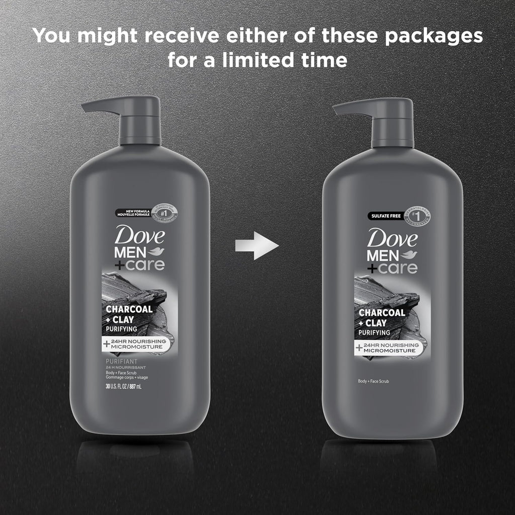 Dove Men + Care Body And Face Scrub Charcoal + Clay Body Wash For Men With 24-Hour Nourishing Micromoisture Technology 30 Oz