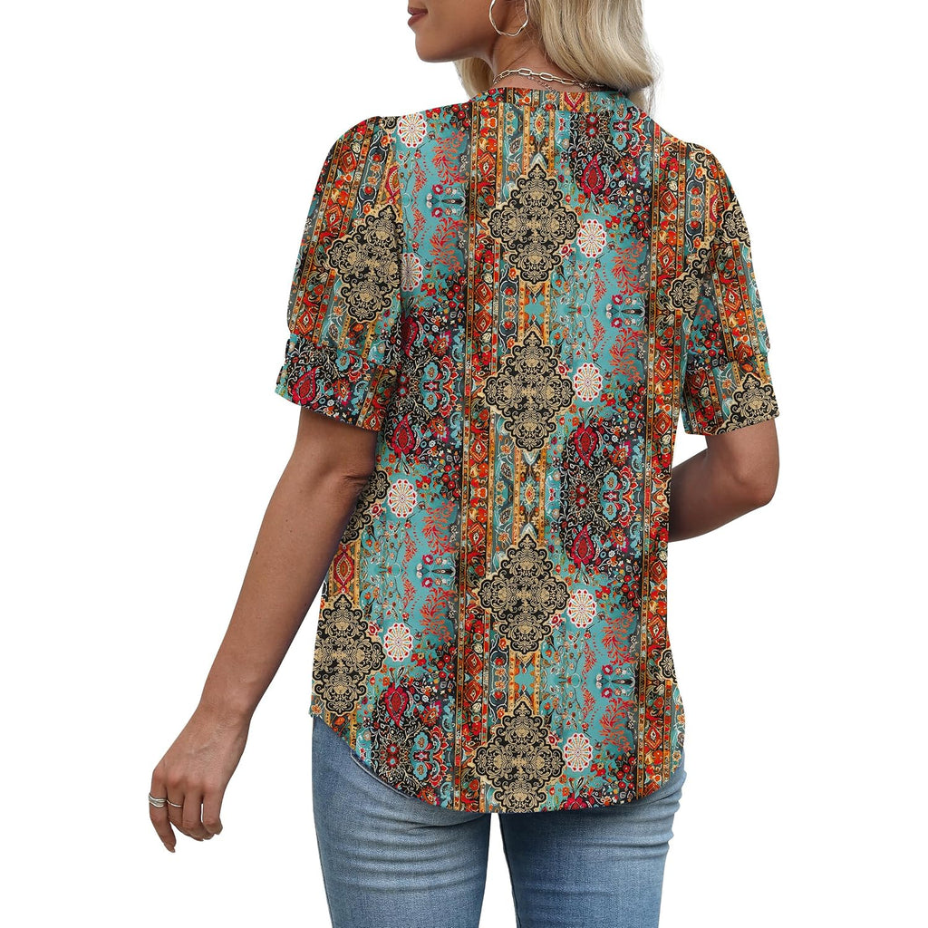 Ofeefan Womens Tops Short Sleeve Shirts Buttons V Neck Spring Fashion Summer Outfits Plus Size Blouses Dressy Casual