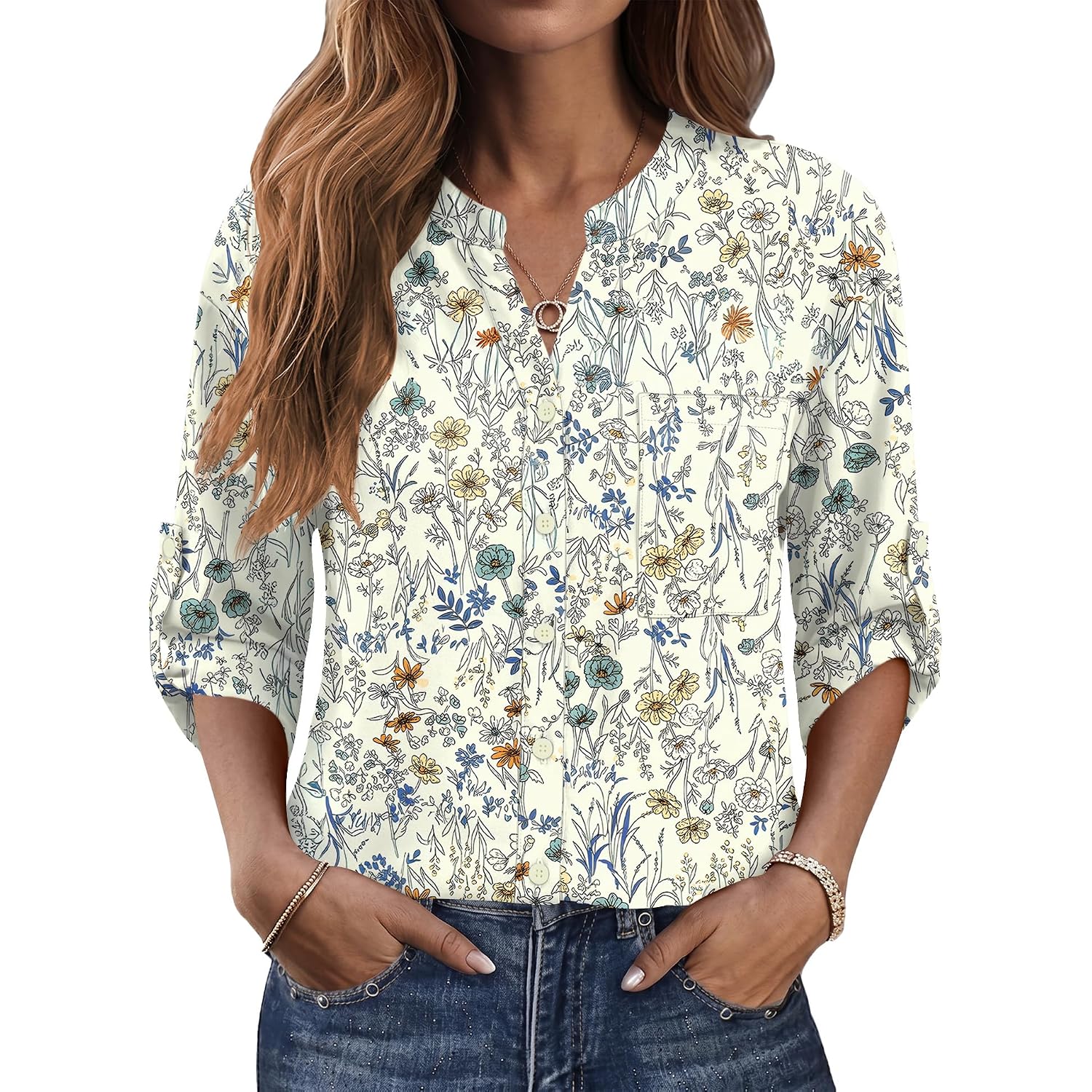 LOMON Women's Button Down Shirts 3/4 Length Sleeve Tops Casual Work Shirt with Pocket S-XXL
