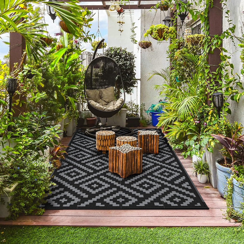 Genimo Outdoor Rug, Waterproof Plastic Rugs For Patio, 5'X8' Black Grey | Outside Larger Modern Carpet Mat For Porch Decor, Deck, Balcony, Camping, Rv, Backyard, Picnic, Beach, Reversible, Foldable