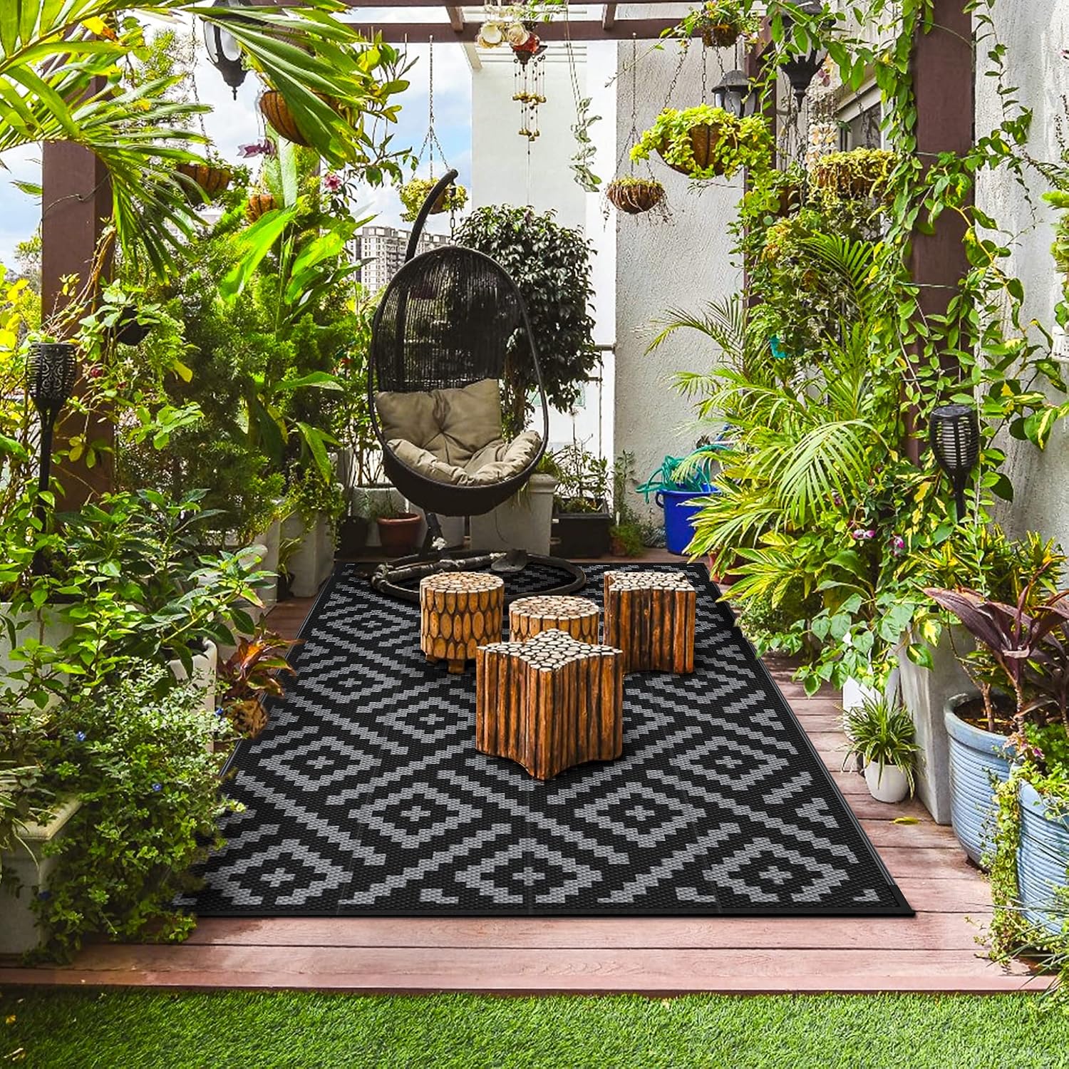 Genimo Outdoor Rug, Waterproof Plastic Rugs For Patio, 5'X8' Black Grey | Outside Larger Modern Carpet Mat For Porch Decor, Deck, Balcony, Camping, Rv, Backyard, Picnic, Beach, Reversible, Foldable