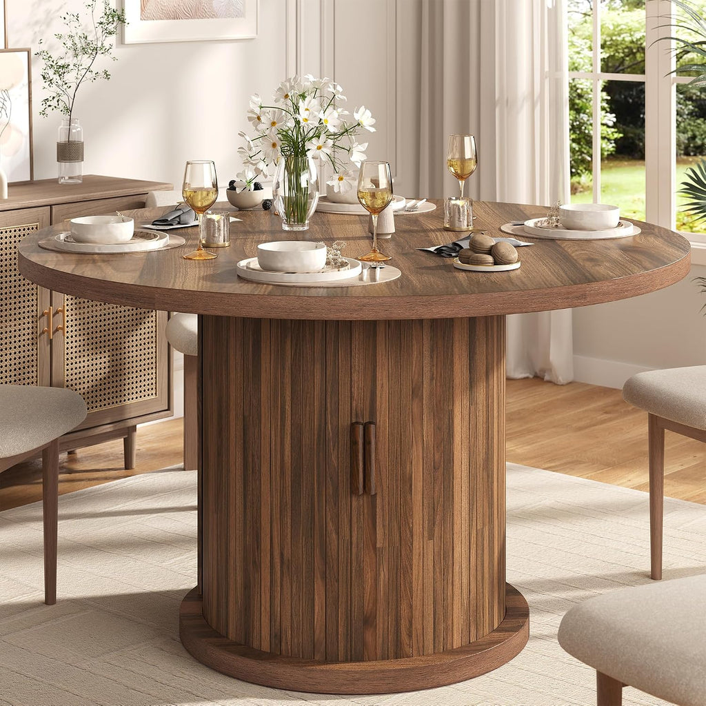 47.24" Round Dining Table For 4, Farmhouse Fluted Kitchen Tables Dining Room Circle Dinner Table, Modern Wood Kitchen & Dining Room Tables